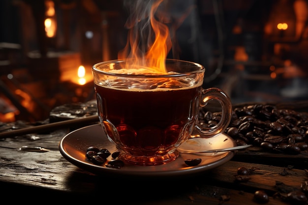Koffie Een drank bereid uit gebrande koffiebonen Donker gekleurd bitter en licht zuur stimulerend effect op de mens Warme dranken kopje koffie Arabica cafeïne bonen Generatieve AI