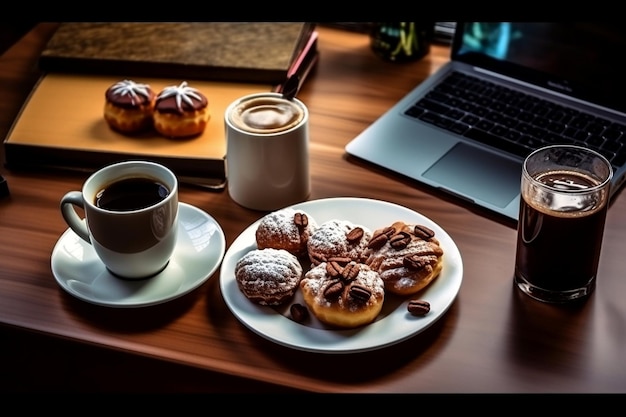 Koffie en dessert op houten tafel Generatieve AI