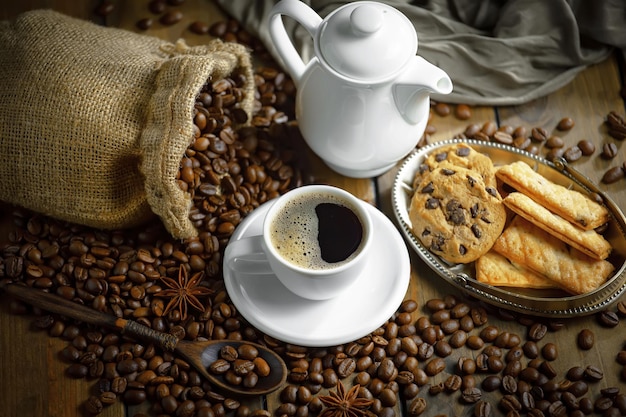 Koffie en koekjes op een tafel met koffiebonen