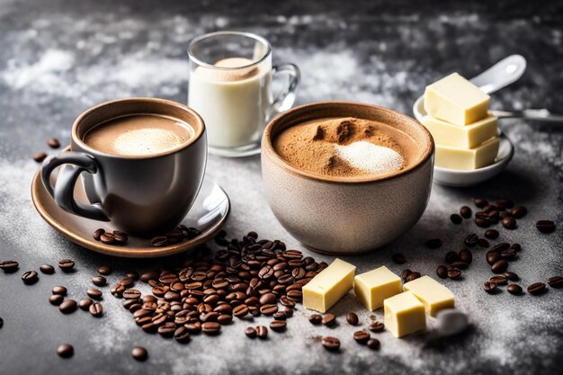 koffie en koffie met koffiebonen en koffibonen op een tafel