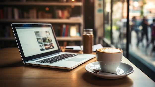 Koffie en werkruimte Concept van een georganiseerde werkruimte met een kop koffie