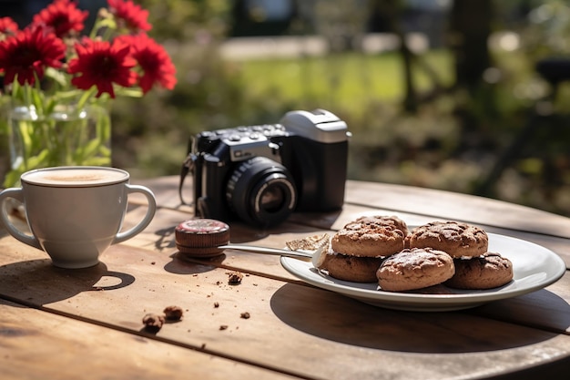 koffie geserveerd met koekjes en er is ook een camera