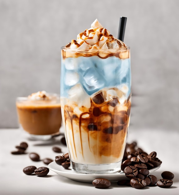 Foto koffie in een kop met fredo ice latte caramel koffie en tonic op een witte achtergrond generative ai
