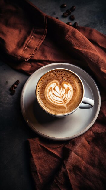 Koffie in een kopje zittend op servet op een betonnen tafel