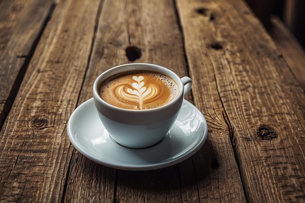 Koffie in een witte beker op een oude houten tafel en een smartphone