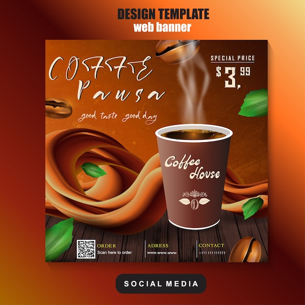 Koffie internet en sociale media promotie sjabloon. Reclame, reclamebanner, productmarketing. EPS-10.