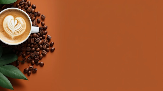 Koffie latte en koffiebonen en koffiebladeren