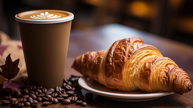 koffie latte met croissant op een houten tafel