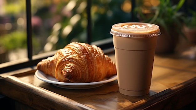 koffie latte met croissant op een houten tafel