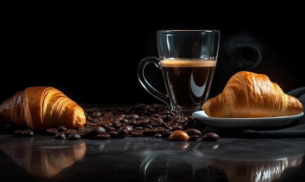 Koffie met croissant en koffiebonen op zwarte achtergrond