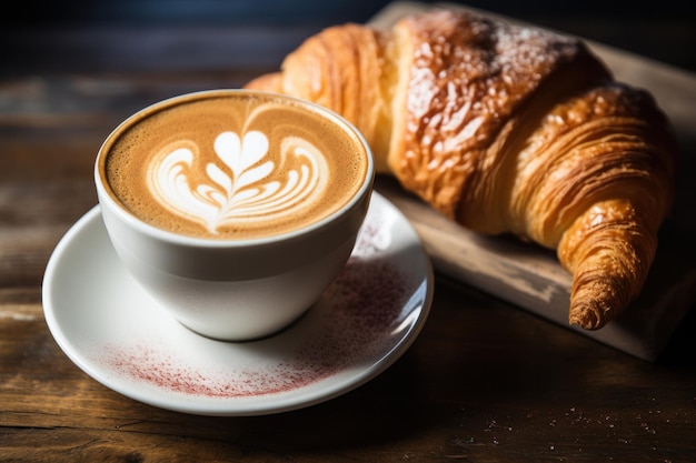 Koffie met een perfect latte art hart naast een bord verse croissants Genative AI