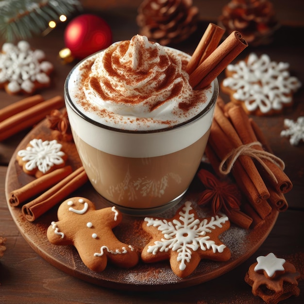 koffie met kaneel en chocolade en kerstcookies kerst achtergrond