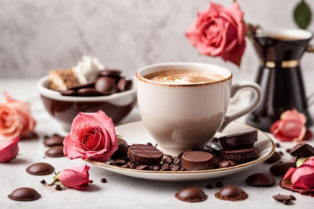 Koffie met prachtige stukjes roos en chocolade op witte achtergrond