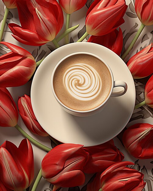 Koffie met tulpen op een schotel