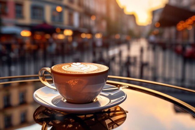 Koffie mockup op tafel met onscherpe stedelijke achtergrond AI gegenereerd