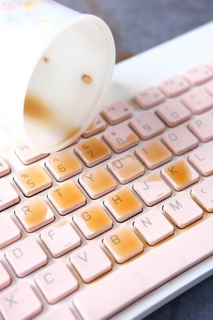 Koffie morsen op laptop toetsenbord close-up