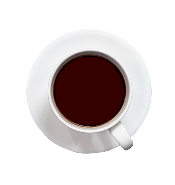 Koffie of thee gevuld in beker met lepel bovenaanzicht op geïsoleerde witte achtergrond