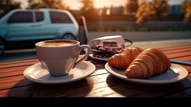 Koffie op de weg Ontbijt met een reis Hoogwaardige illustratie