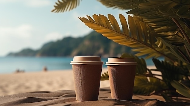 Koffie op het strand met palmbladeren milieuvriendelijk