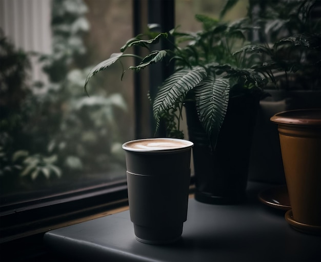 koffie papieren beker mockup planten op een donkere achtergrond donkere en humeurige mockup