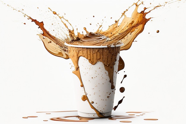 Koffie papieren beker spatten en splatter Uitbarsting van bruine vloeibare druppels Abstracte illustratie op witte achtergrond AI gegenereerd