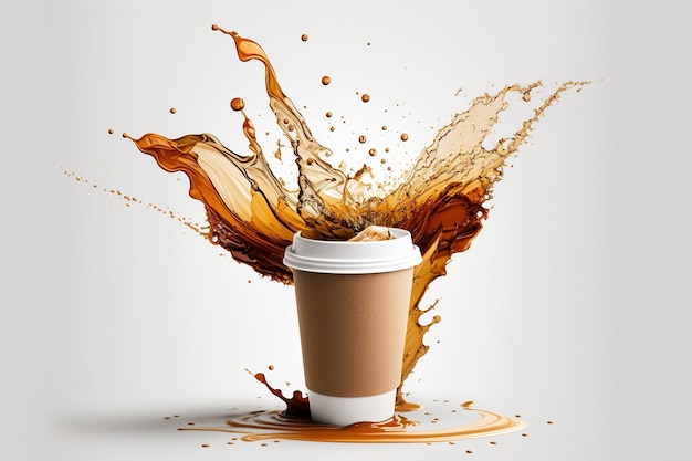 Koffie papieren beker spatten en splatter Uitbarsting van bruine vloeibare druppels Abstracte illustratie op witte achtergrond AI gegenereerd