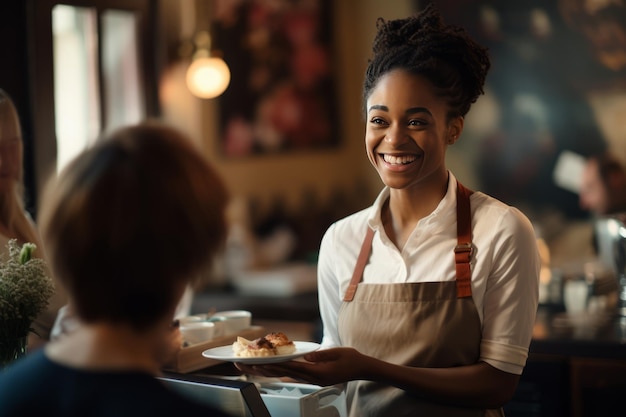 Koffie serveren met een glimlach Een zwarte serveerster verheugt een vrouwelijke gast in een charmant café