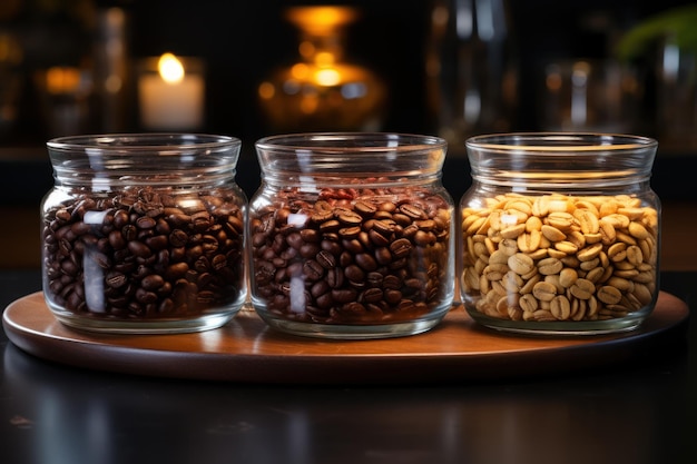 Koffie van verschillende graden van branden in glazen potten