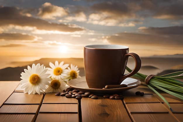 Koffiebeker en bloemen op een tafel met een kop koffie.