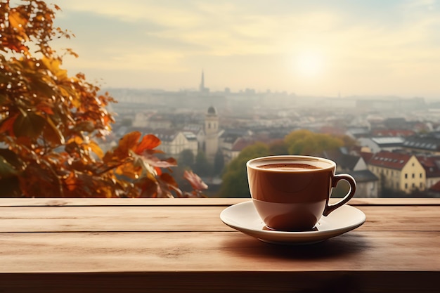 Koffiebeker en herfstbladeren op een houten tafel met uitzicht op de stad op de achtergrond