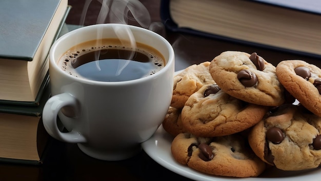 Koffiebeker en koekjes met chocolade.