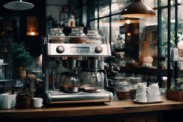 Koffiebeker en koffiezetmachine op de toonbank van het café levendige gesprekken en een prettige sfeer