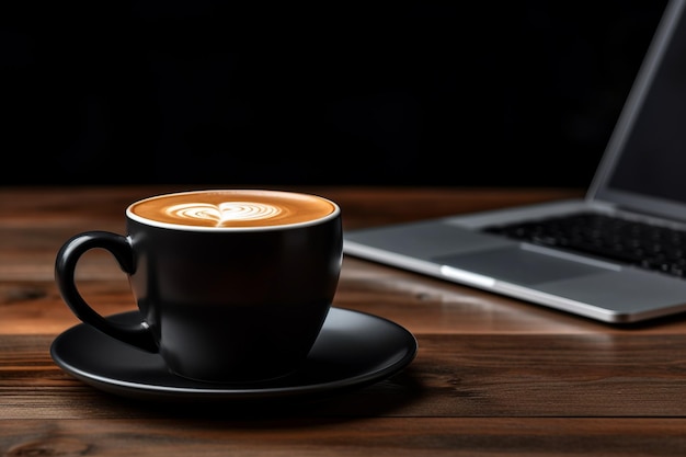 Koffiebeker en laptop op de zwarte tafel.