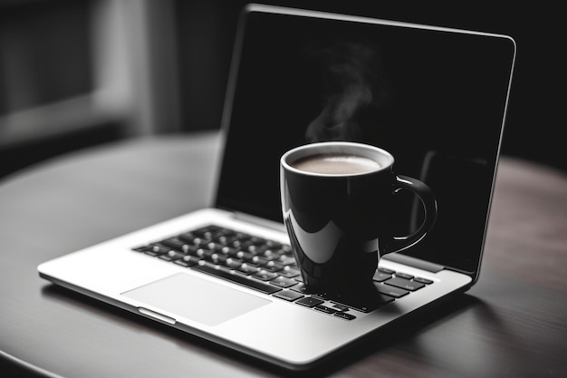 Koffiebeker en laptop op de zwarte tafel.