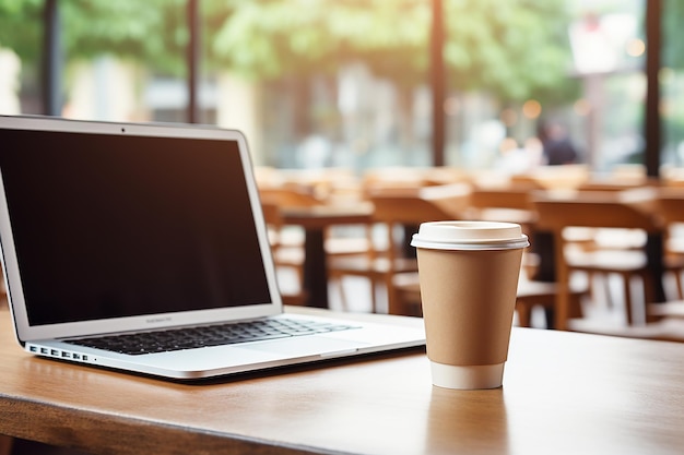 Koffiebeker en laptop op een houten tafel in een koffiewinkel