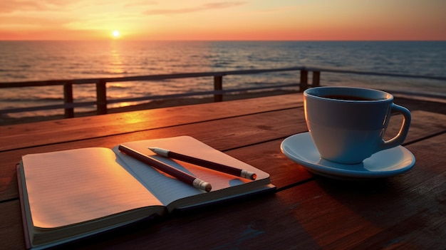 Koffiebeker en notitieboek op houten tafel zeehemel en zonsondergang op de achtergrond Generatieve AI