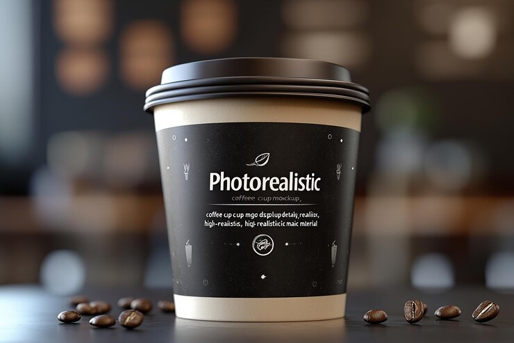 Foto koffiebeker en -onderstel van papier met tekst en ontwerp