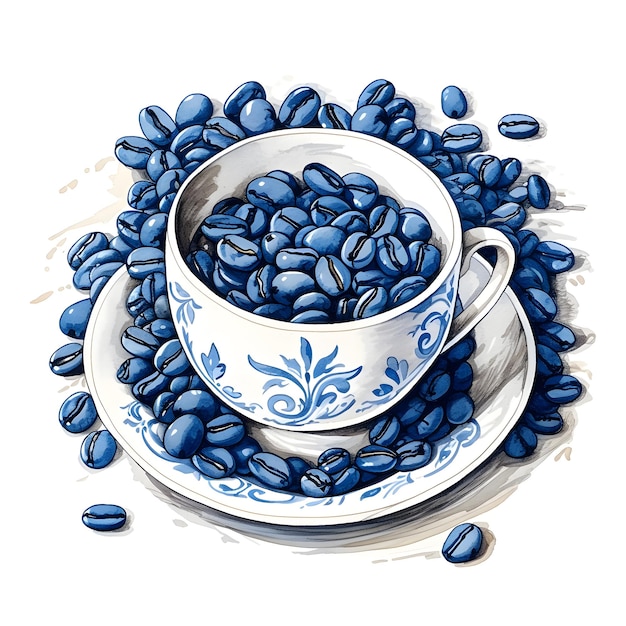 Koffiebeker en schotel met blauwe bonen AI Generative