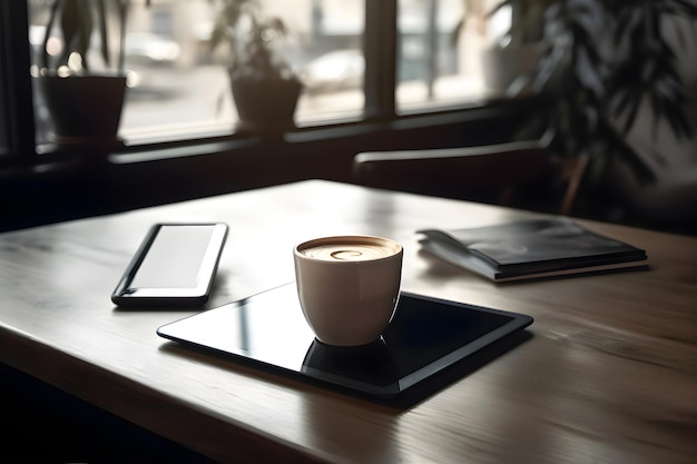 Koffiebeker en tablet op een houten tafel in een koffiewinkel