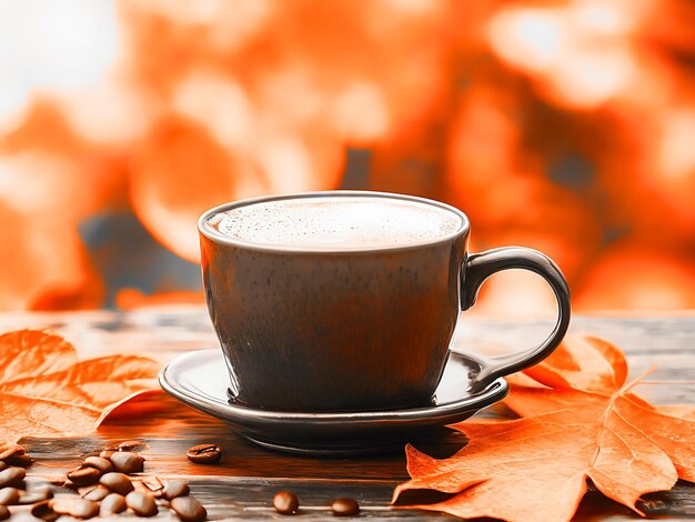 Koffiebeker genesteld tussen herfstbladeren op een houten tafel met een zacht vervaagde herfst