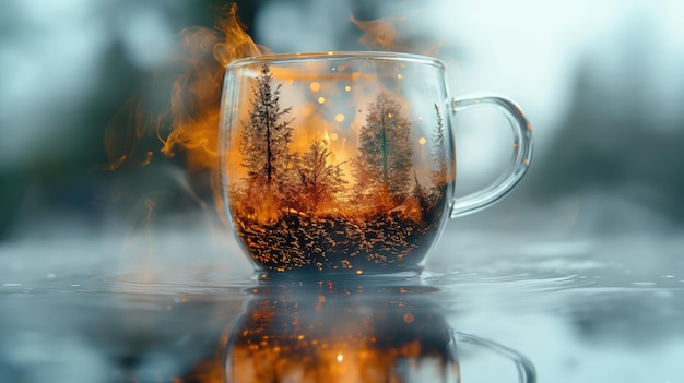 Koffiebeker met bos en zonsondergang op houten tafel vintage stijl dubbele belichting