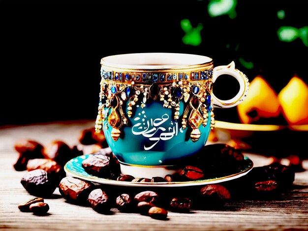 Foto koffiebeker met dadels fruit en kralen eid mubarak arabische ramadan decoratie ramadan waterverf r