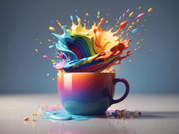 Koffiebeker met een verbluffende regenboogexplosie 3D-rendering