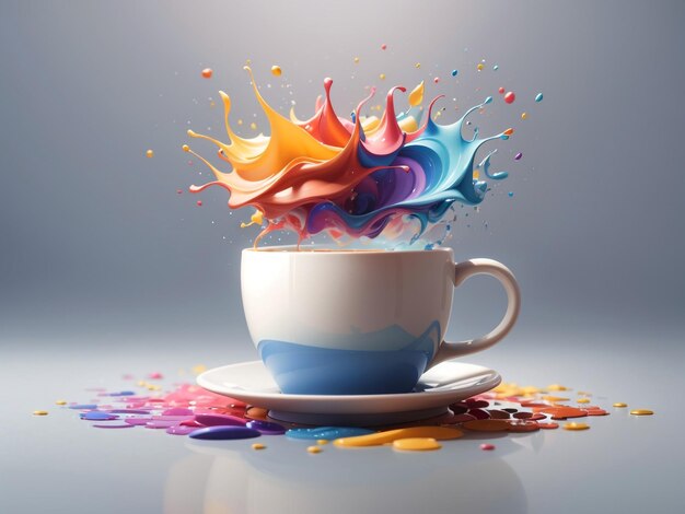 Koffiebeker met een verbluffende regenboogexplosie 3D-rendering