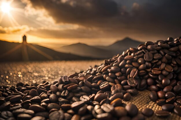 Koffiebeker met geroosterde bonen opgesteld gegenereerd door AI