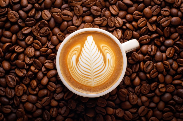 Koffiebeker met latte kunst omringd door koffiebonen top view Beker met vers gebrouwen cappuccino close-up op geroosterde koffibonen achtergrond Verse en warme koffie met melk