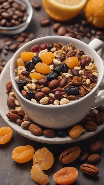 Koffiebeker met verschillende gedroogde vruchten en noten