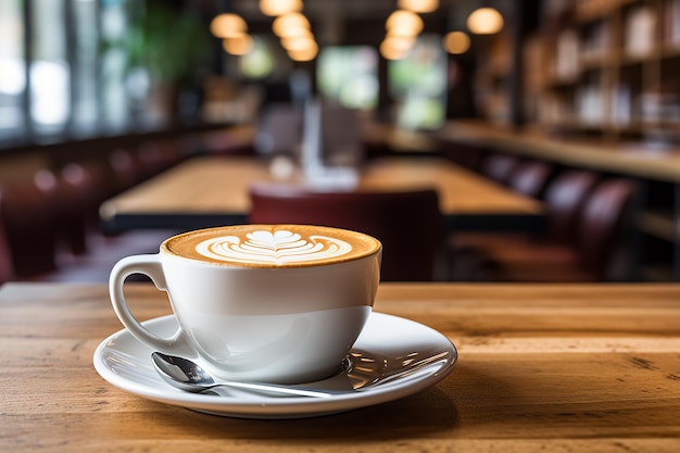 Koffiebeker op een houten tafel in een koffiewinkel