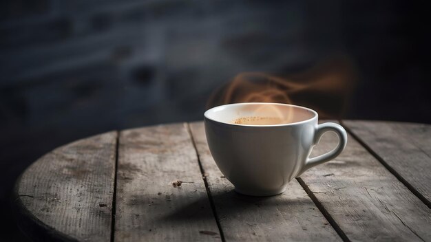 Koffiebeker op een houten tafel met donkere achtergrond