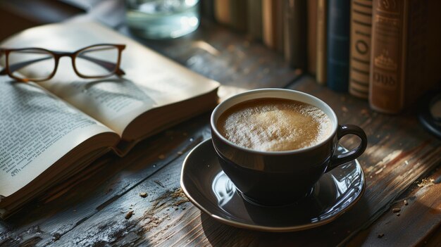 Koffiebeker op een tafel met een boek en glazen die een gezellige sfeer oproepen